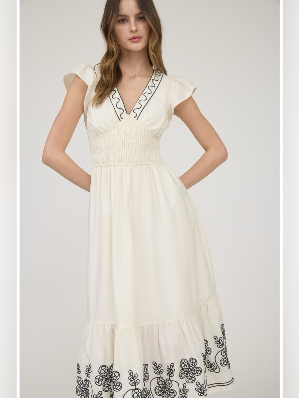 August Sky Cream Ruffle Sleeve Midi Dress
